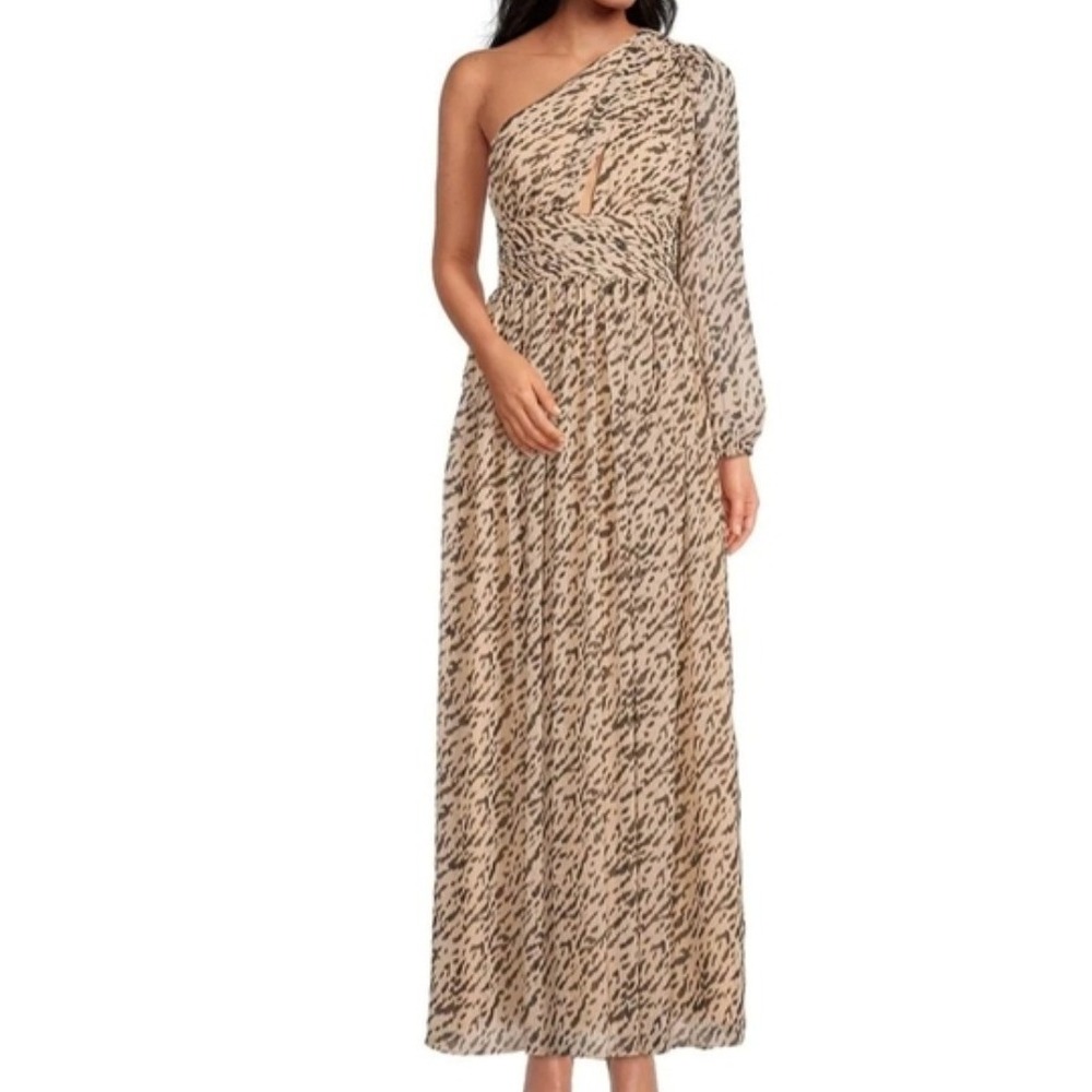 Gianni Bini Animal Print One Shoulder Maxi‎ Cocktail Formal Dress Tan Black  12